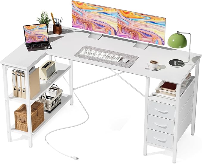 Simple Deluxe L Shaped Gaming Desk with Power Outlets, 55 Inch Computer Desk with 3 Drawers, Shelves, Corner Computer Desk for Gaming, Corner Work, Home Office, Study, White