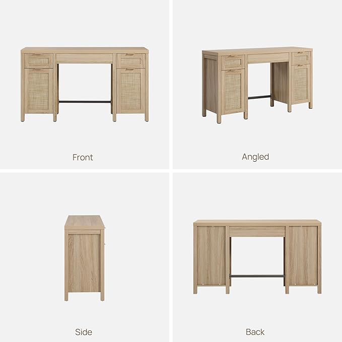 SICOTAS Rattan Executive Desk with Storage - Larger Home Office Desk with Drawers and Cabinets, Farmhouse Boho Computer Table Vanity Desk for Study, Office, Living Room, Light Oak (2 Pieces)