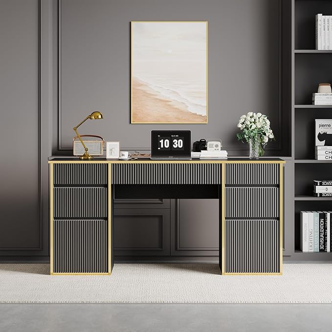 Black Computer Desk with Drawers, 58 Inch Home Office Desk with File Drawers for Bedroom, Executive Desk with Storage for Study, Black and Gold