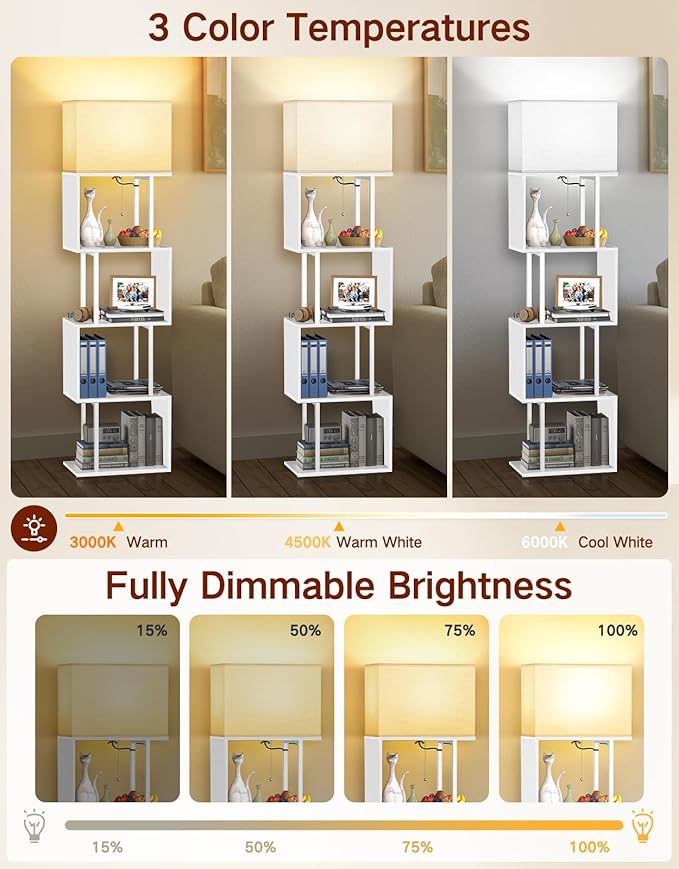 5-Tier Floor Lamp with Shelves & Remote, Dimmable S-Shaped Bookshelf with 3 Color Temperature, 1-Hour Timer, Tall Corner Standing Lamp for Living Room, Bedroom, Office