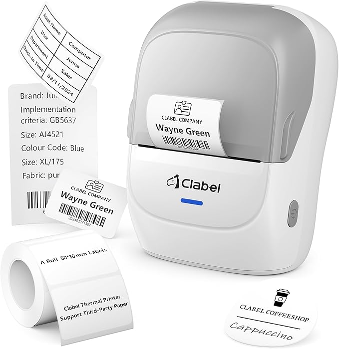 CLABEL Label Maker Machine with Tape, 221B Thermal Bluetooth Label Printer 2 Inch Portable Barcode Inkless Sticker for Small Business, Retail Office,Office, Home, Came with 1 Roll Label (Gray White)