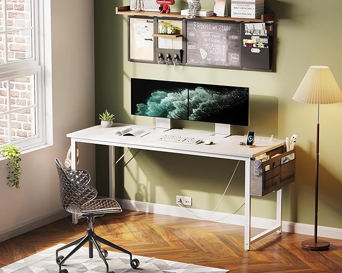 KKL Large Computer Desk with Power Outlets and USB Port Desk for Home Office Gaming Simple Modern Style Writing Desks with Storage Bag Headphone Hook, 55 inch, White
