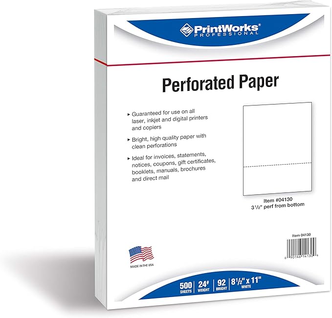 PrintWorks Professional 3 1/2" Horizontal Perforated Paper 8.5” x 11” - Perfect For W-2, 1099, & Statement Use - Made in the USA - 500 Sheets - 24 lb - Printer Compatible - White (04130)