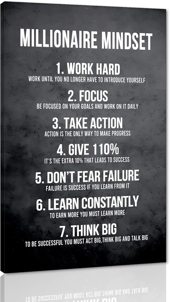 Yatsen Bridge Millionaire Mindset 7 Rules Wall Art Motivational Inspirational Positive Quotes Office Home Decor Success Framed Easy to Hang-28 Wx44 H