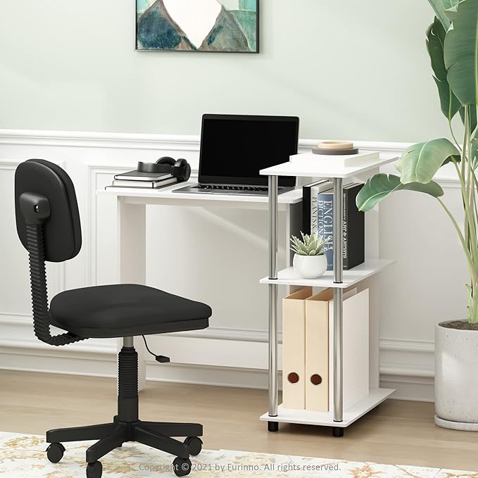 Furinno Abbott Corner Computer Desk with Bookshelf, White Oak/Chrome