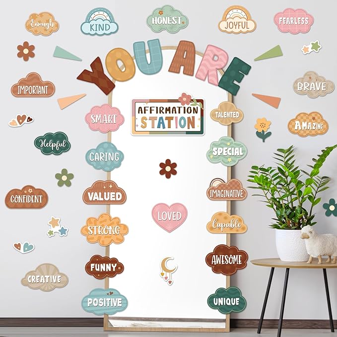 45pcs Classic Boho Bulletin Board Set Motivational Posters Classroom Mirror Growth Mindset Decor Positive Affirmations Accents Cutouts for School Office Home Teacher Wall