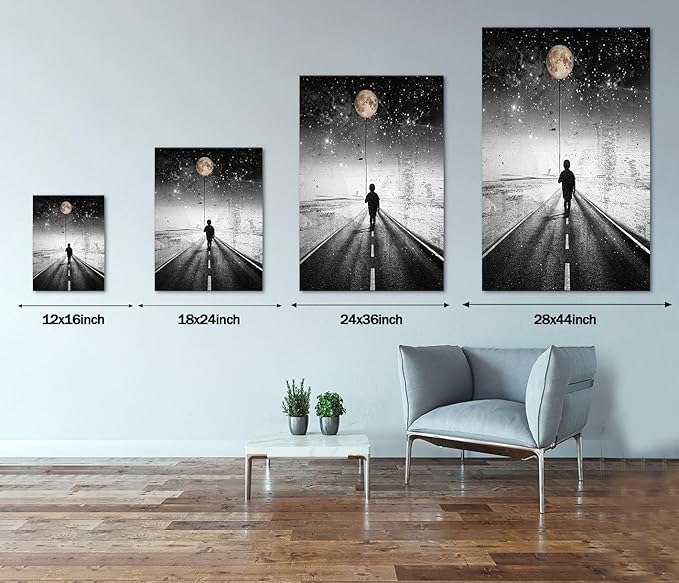 Yatsen Bridge The Road Inspirational Canvas Wall Art, Boy Walking in the Moonlight Canvas Picture Art Print, Modern House Wall Decorations Stretched and Framed Ready to Hang - 18x24 inches