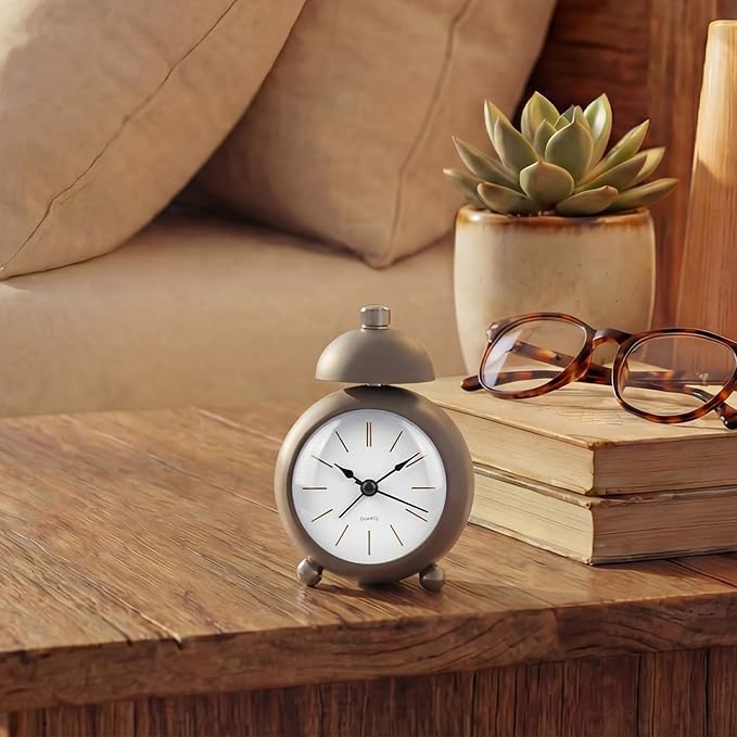 Analog Alarm Clock, Mid-Century Modern Desk Clock, Silent Non-Ticking Quartz Table Clock with Black Hands, Battery Operated Decorative Clock for Bedroom, Office, Living Room (Grey)