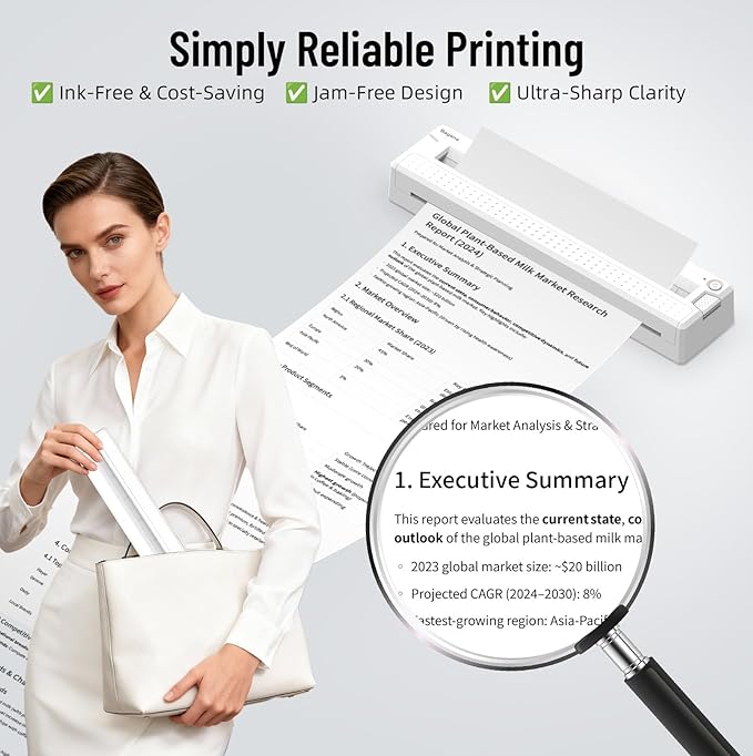 Bagana Inkless Portable Printer, Wireless Thermal Small Bluetooth Mobile Travel Printer for iPhone Android Laptop Supports 8.5x11 Inch US Letter Thermal Paper for Home Office School
