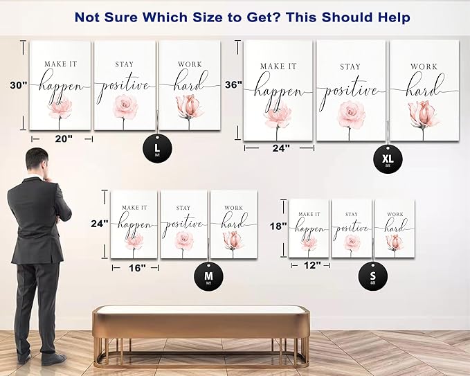 SHMAO 3 Piece Office Canvas Wall Art, Motivational Quotes Poster Flowers Print Pictures Wall Decor for Office, Women Inspirational Framed Artwork Home Office Decor 20''x30'' x 3 Pcs