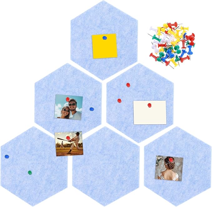 uxcell 6 Pcs Hexagon Felt Pin Board with 40 Pcs Pushpins 8.7" x 7.5" Self Adhesive Felt Bulletin Board Cork Boards for Walls Decorations Paste Notes Photos Schedules, Light Blue