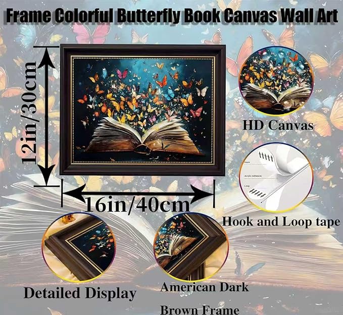 Dark Brown Frame Colorful Butterfly Book Canvas Wall Art Butterfly Emerging From Book Wall Decor Picture Reading Enthusiasts Poster Print for Library Reading Room Modern Reading Home Decoration