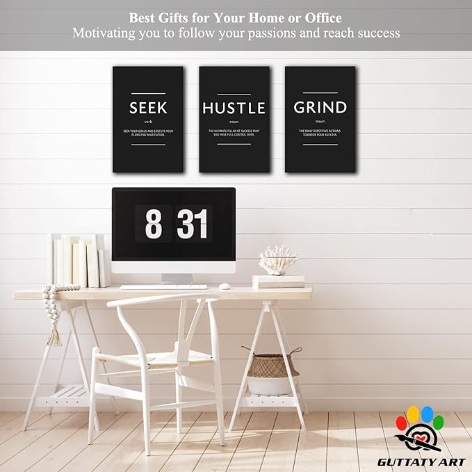 Office Wall Art - 3 Panel Motivational Wall Art, Inspirational Quotes Canvas Art for Home Office Wall Decor, Positive Quotes Wall Decor, Entrepreneur Grind Hustle Execution Poster Frame (12”x18”x3Pcs)