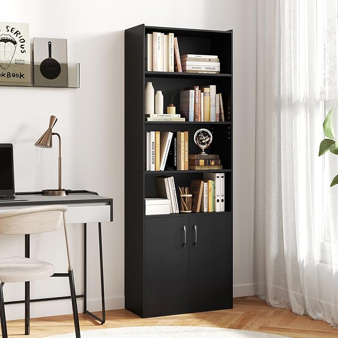 Giantex 70" Bookcase with 2 Doors, 6-Tier Modern Bookshelf w/Cabinet, Elegant Storage Cabinet, Adjustable Shelves, Multipurpose Display Rack, Storage Organizer for Living Room Bedroom Study (Black)