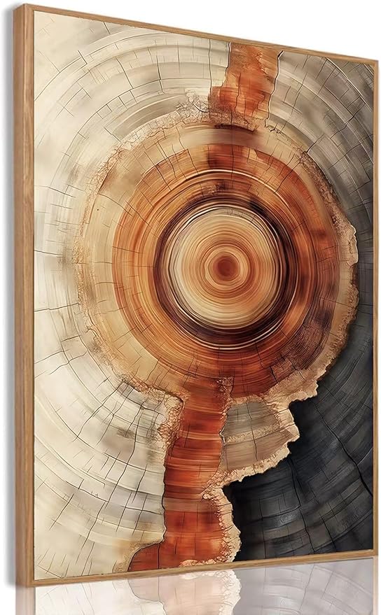 IBHJSART Framed Tree Ring Canvas Wall Art Vintage Colorful Wood Stump Painting Prints Modern Minimalist Pictures Neutral Nature Rustic Farmhouse Decor Living Room Bedroom Bathroom Office