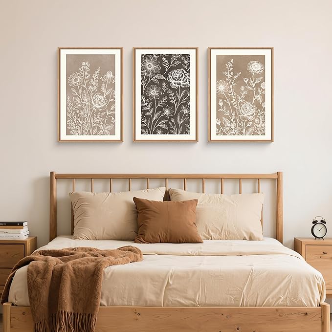 Neutral Boho Flower Framed Canvas Wall Art Set,Vintage Moody Rose Peony Daisy Wildflower Decor,Modern Natural Brown Black Floral Botanical Artwork for Living Room,Bedroom,Farmhouse-16 x24 x3
