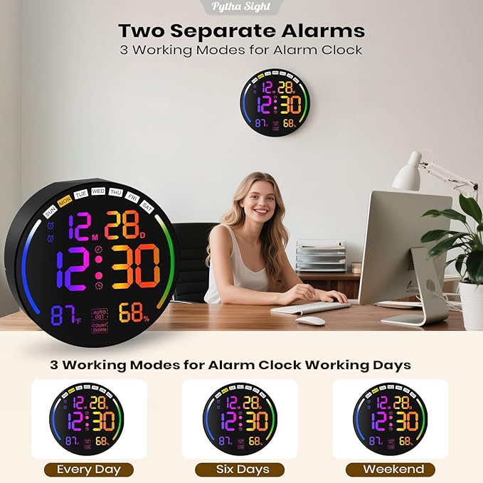 Large Digital Wall Clock with 10.3" LED Display,Alarm,Countdown Timer,DST,Temperature,Humidity,Auto-Dimming,Remote Control,Night Light for Classroom,Bedroom,Living Room,Office,Gym