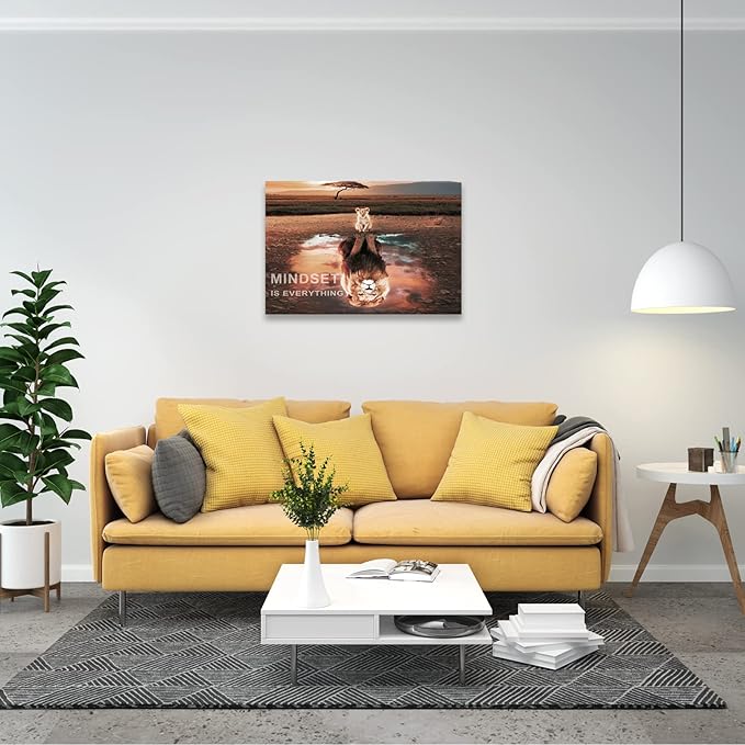 Mindset Is Everything Wall Art Lion Motivational Canvas Wall Art Posters Prints 1 Pieces Inspirational Quote Painting for Office Bedroom Decor (24" W x 36" H)