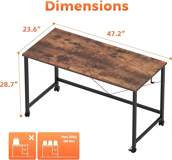 Mericonia 48 inch Rolling Computer Desk with Wheels, Gaming Desk for Small Spaces, Modern Simple Style Table for Home Office, Study Writing Table