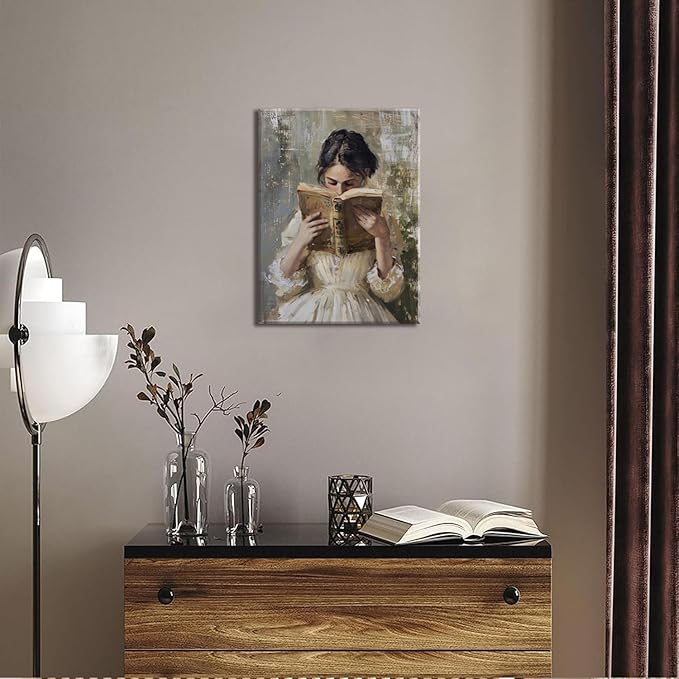 Vintage Victorian Woman Reading Book Wall Art Light Academia Wall Decor Paintings Picture Moody Girl Aesthetic Poster Canvas Print for Bedroom Living Room Dorm Library Nook 16x24 Inch Framed