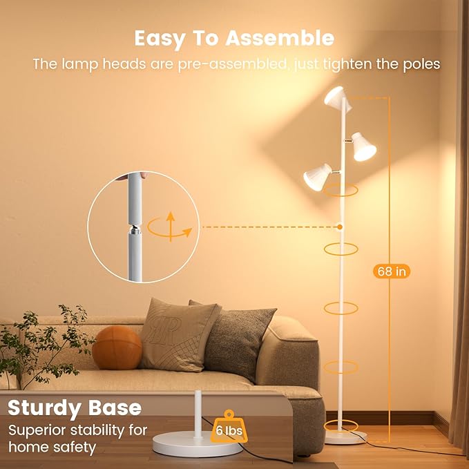 36W LED Tree Floor Lamp, Dimmable Tall Standing Lamp with Remote & Touch Control, 4 Color Temperatures Bright Floor Lamp, 3 Rotatable Light Modern Floor Lamps