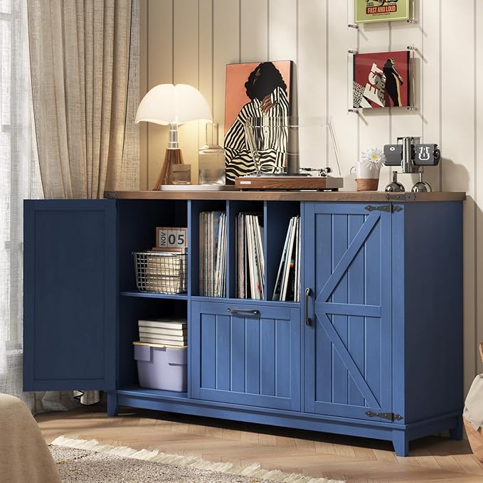 Vabches Lateral File Cabinet with File Drawer, Farmhouse Filing Cabinet with Storage Shelves for Legal/A4/Letter Size Hanging Files, Large Modern Printer Stand for Home Office (Navy Blue and Brown)
