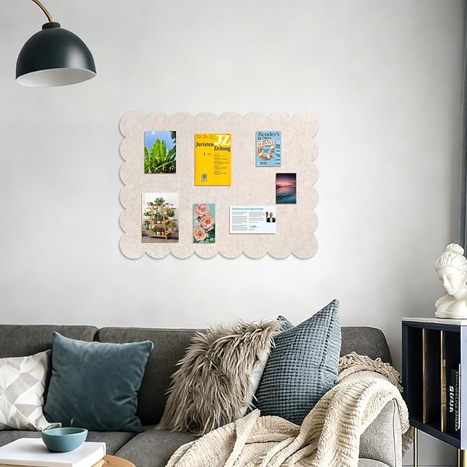 Scalloped Felt Bulletin Board, 24 x 18 Inches Pin Cork Board with 20 Pushpins - Decorative Cork Alternative for Wall, Foldable Picture Self Adhesive Vision Prayer Board - Oatmeal