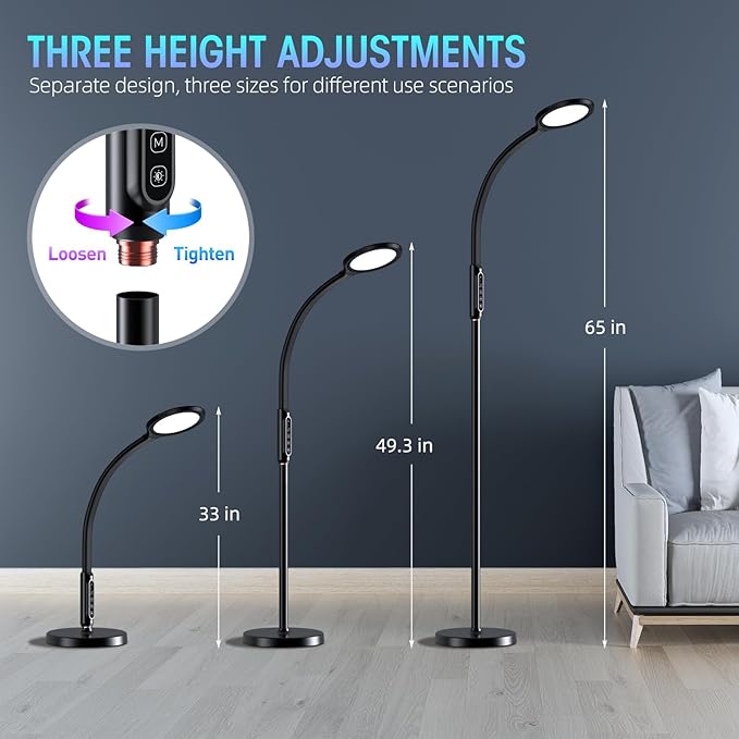 Happy Light Therapy lamp 11000 Lux, LED UV-Free Sunlight lamp,Full Spectrum Happy Therapy lamp with 10 Adjustable Brightness Levels, 2 in 1 Retractable Floor Sad Lamp (Black)