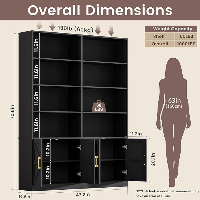 Black Bookshelves and Bookcases with 4 Doors, 6 Tier Double Book Shelf with Storage Cabinets, Gold Handle, Standing Display Open Display Shelves, 71" Tall Book Case for Living Room Library