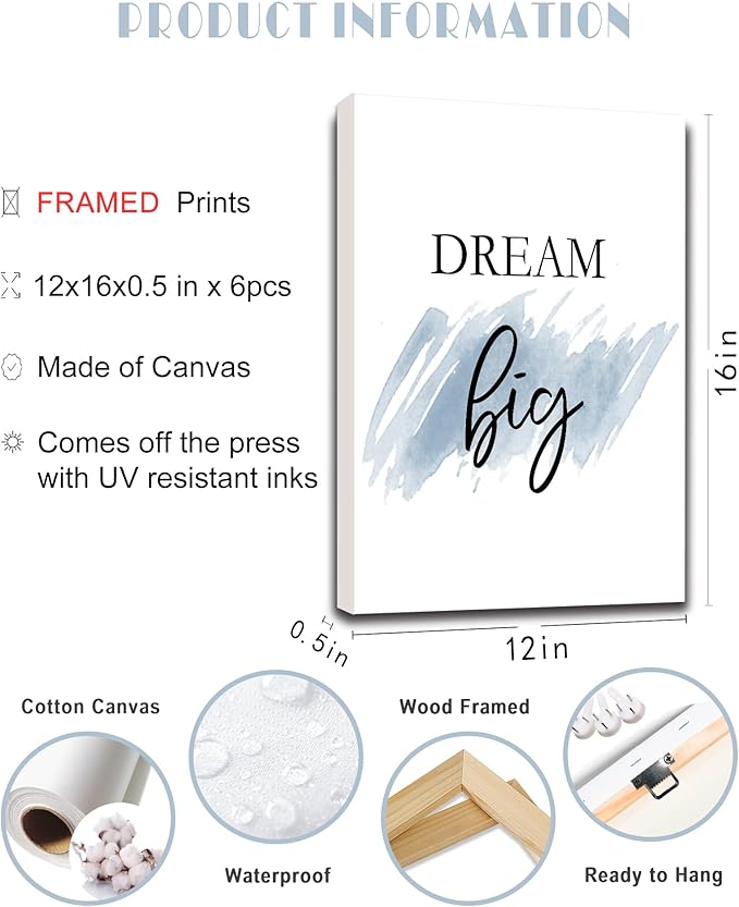 Drsoum Motivational Wall Decor Inspirational Office Wall Art Quotes 12” x16” Framed Wall Art for Living Room Encouraging Canvas Posters for Office Bedroom Sayings - Set of 6 PCS Framed