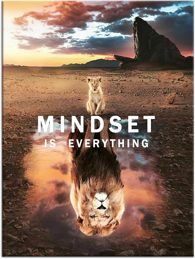 Small Cat Big Lions Motivational Wall Art Mindset is Everything Poster Cute Animal Inspirational Canvas Painting Prints Wall Pictures for Living Room Home Decor Office Framed Artwork [18''W x 24''H]