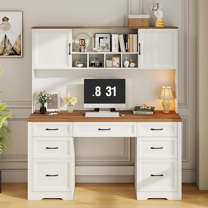Farmhouse Executive Desk with 7 Drawers and Storage Cabinet, Rustic Large Home Writing Desk with Hutch, Workstation for Bedroom, White