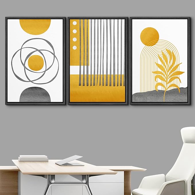 IDEA4WALL Framed Canvas Print Wall Art Set Geometric Mid-Century Gold Jungle Plant Polygons Abstract Shapes Illustrations Modern Art Nordic for Living Room, Bedroom, Office - 16"x24"x3 Black