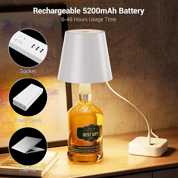 Wireless Bottle Lamp, Wireless Bottle Lamp Shade with 3 Color Temperature, Rechargeable Stepless Dimming LED Wine Bottle Lights for Any Bottle, Desk Lamp for Bedroom Restaurant Bar (Marble Color)
