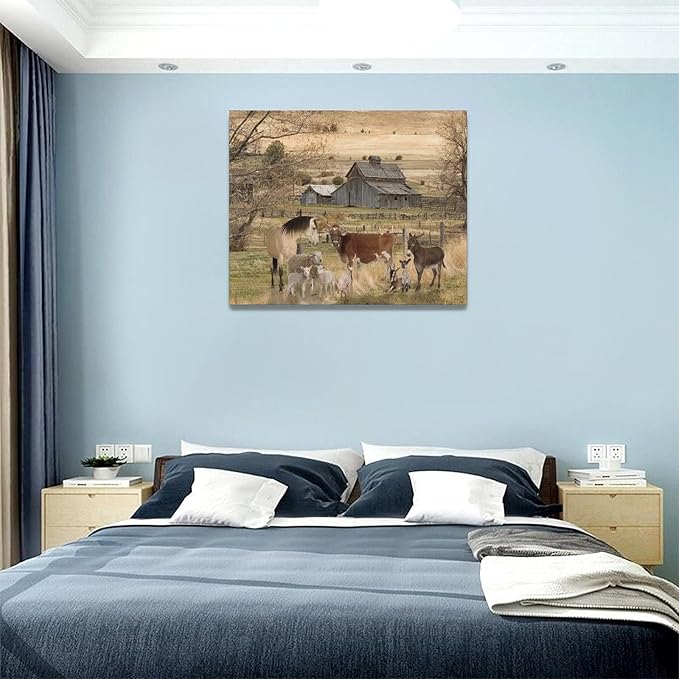 yerretin Farm Animal Wall Art Country Old Barn Pictures Wall Decor Rustic Canvas Print Farmhouse Landscape Painting Modern Home Artwork for Living Room Bedroom Bathroom Office Framed, 20"x16"