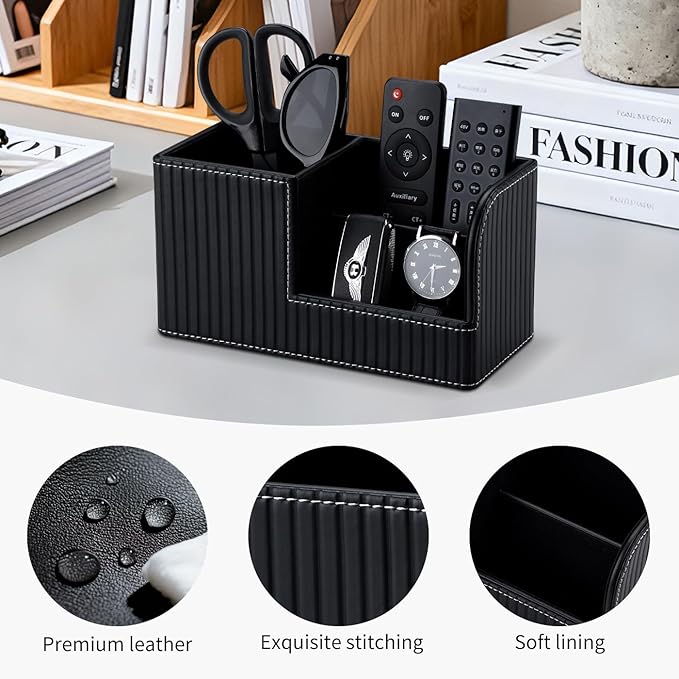 KINGFOM Desk Pen Organizer Office Supplies Caddy Pu Leather Multi-function Storage Box Pen/Pencil,Cell phone, Business Name Cards Remote Control Holder (Black)