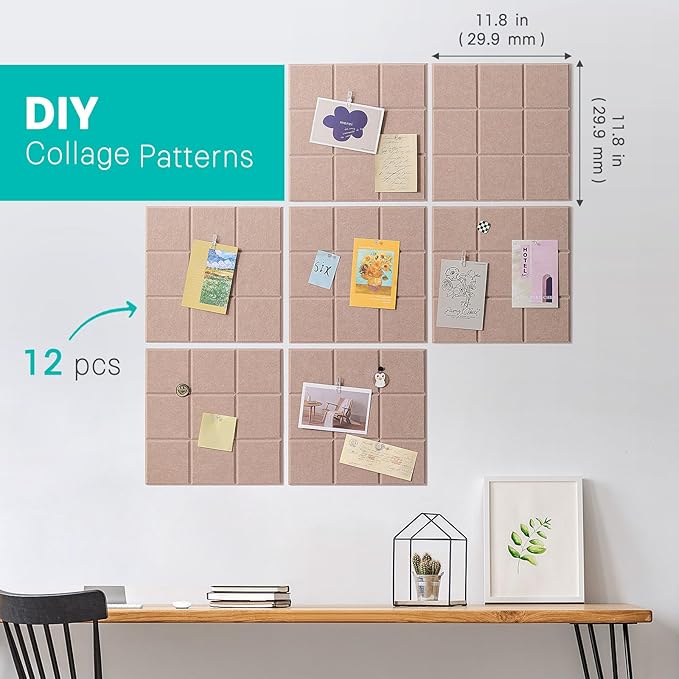 Cork Board for Walls 48" x 36", Bulletin Board for Office Decor, 12 Pack Felt Wall Tiles with Safe Removable Adhesive, Pin Tack Corkboard for Quilting Design & Dart Wall Protector - Camel