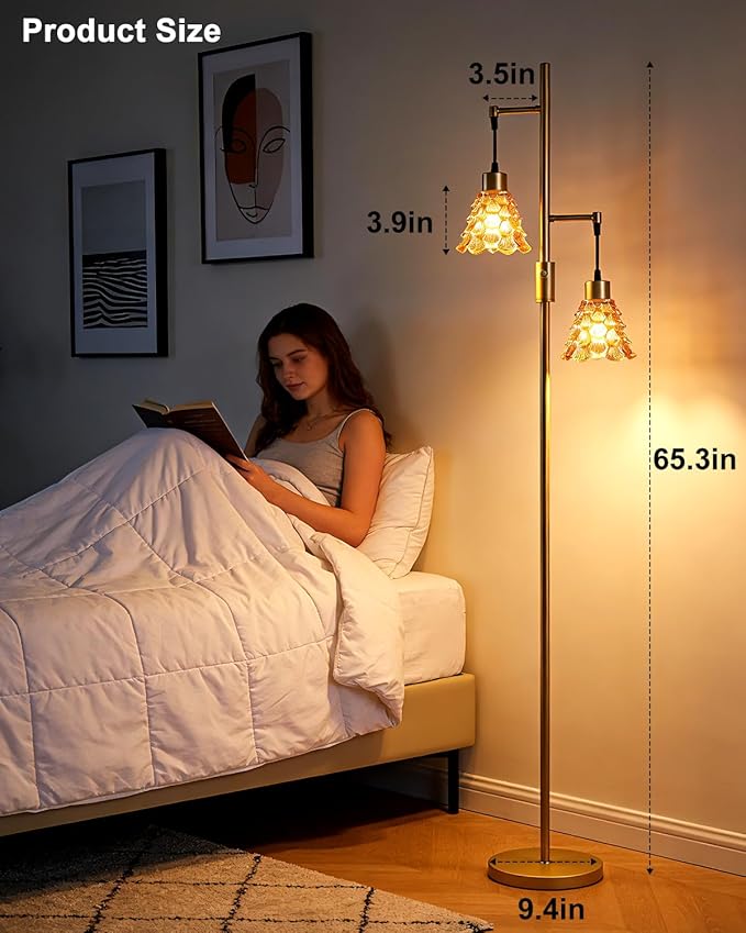 Lightdot 65IN Glass Floor Lamp for Living Room, 2- Light Gold Floor Lamps with Brown Glass Shade& 3000K Warm White Bulbs, Modern Standing Tall Lamp for Bedroom/Corner Beside/Home Decor