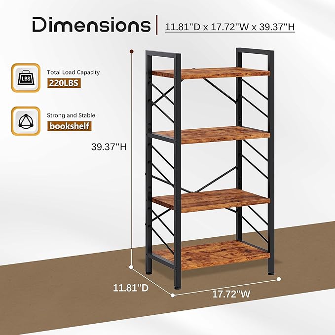 4 Tier Bookshelf, Industrial Bookcase with Metal Frame and Sidebars, Small Bookshelf for Bedroom, Home Office and Living Room, Rustic Brown