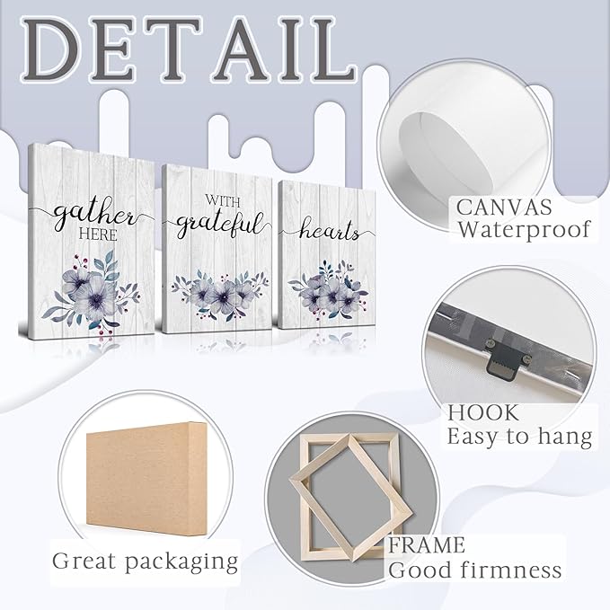 3-Piece Heart Wall Art - Gather & Grateful Signs for Bedroom Decor (12''Wx16''Hx3PCS)