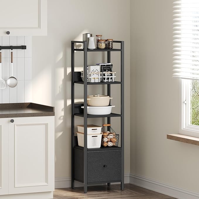 Bookshelf, 5-Tier Bookcase with Drawer, Small Book Shelf for Small Space, Storage Shelf Organizer, for Living Room, Bedroom, Study, Kitchen, Black BKHB55101