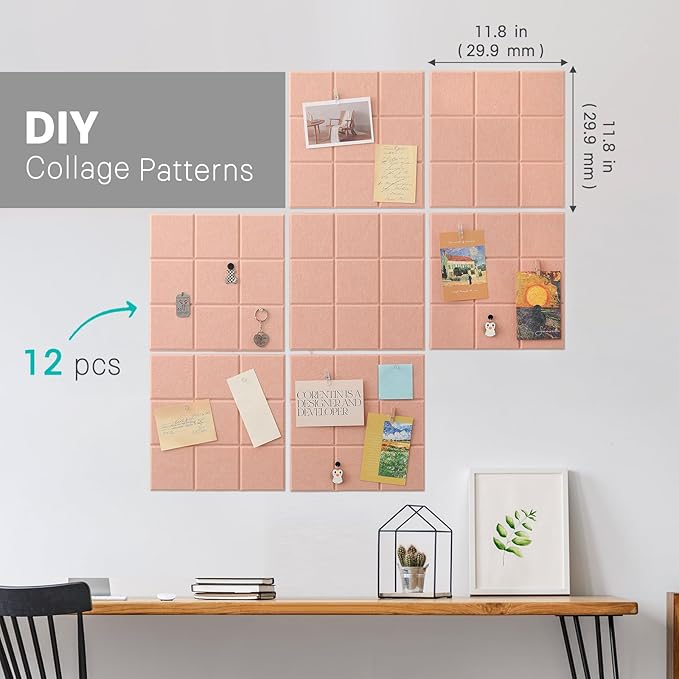 Large Cork Board, 12 Pack Felt Wall Tiles with Safe Removable Adhesive, Bulletin Board for Office, Pin Tack Corkboard for Quilting Design & Dart Wall Protector 48" x 36" - Pink Ivory