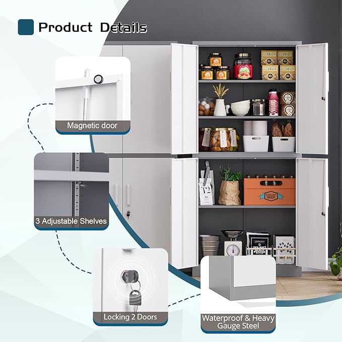 MIIIKO Metal Storage File Cabinet with 4 Doors, Steel Storage Cabinet with Locking Doors and 5 Shelves, for Home Office, Hospital, Garage, Commercial Storage