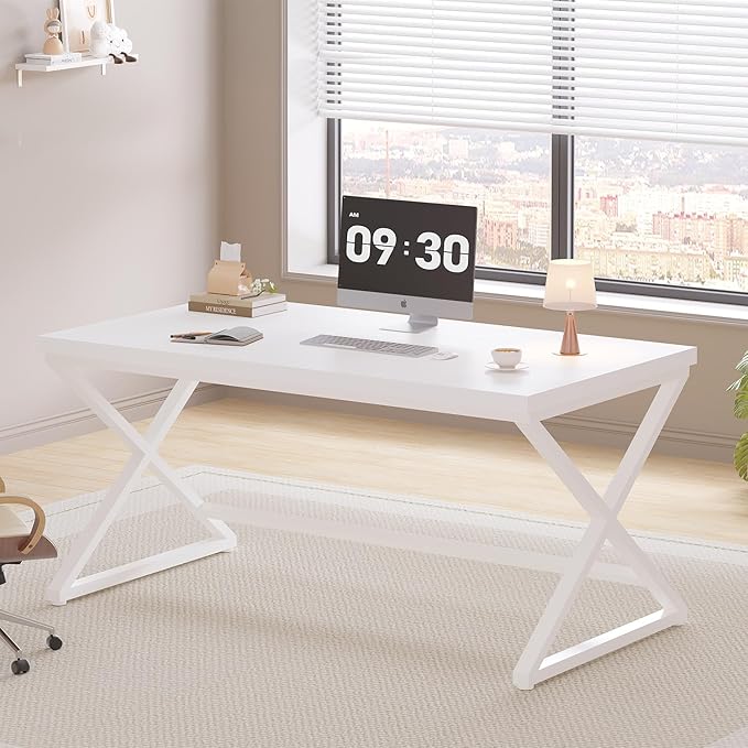 IBF White Computer Desk, Modern Home Office Desk for Writing Work Study, Simple Wooden Metal Pc Gaming Desk in Bedroom, Executive Laptop Workstation Computer Table, White Oak, 55 Inch