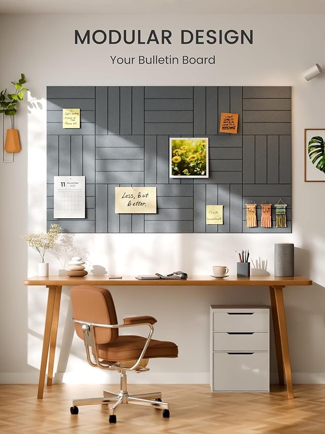 Bumusty Large Cork Board Alternative-48 x 36" Felt Bulletin Board Tiles, with 30 Pushpins, 70 Adhesive Tabs, 12-Pack Slat Wall Paneling, Cork Boards for Office Push Pin Board Felt Board-Blue Gray