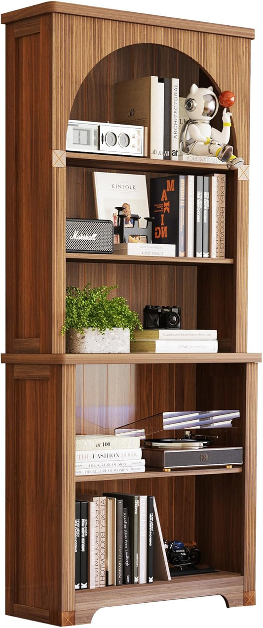 71" Tall Narrow Arched Bookshelf, Mid Century Modern 5-Tier Arched Narrow Storage Bookcase with Adjustable Open Display Shelf for Office, Living Room (Walnut)