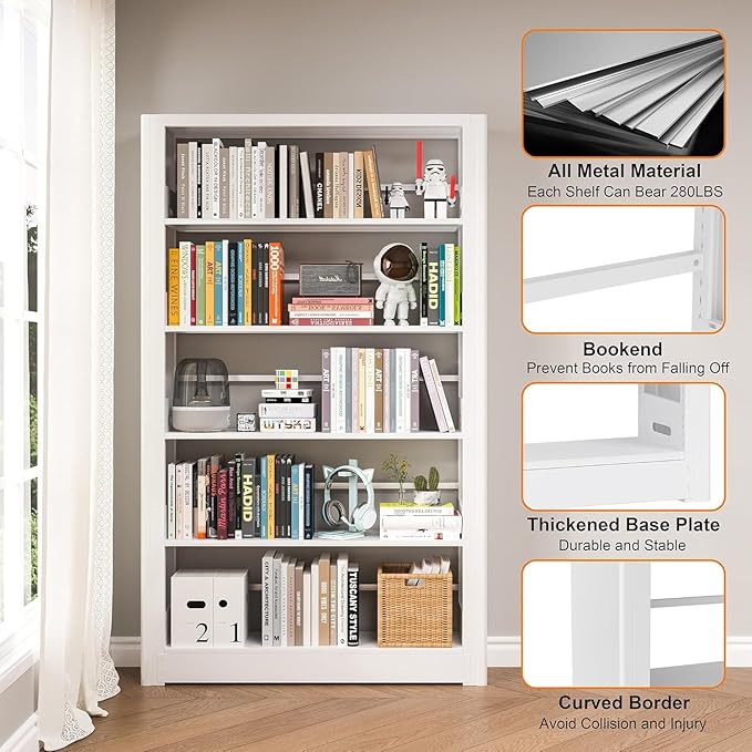 5-Tier Bookshelf, White Bookshelf with Adjustable Storage Shelves, Metal Bookshelf, 69" Tall Bookcase for Living Room, Library, Office, Bedroom, Including Book Stopper，36" Wide Bookshelves