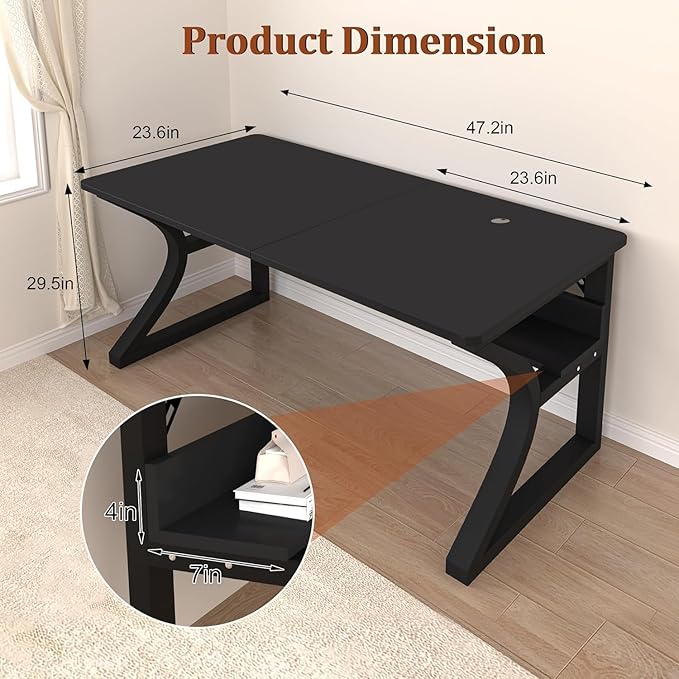 47 inch Computer Desk, Home Office Desk with Storage Shelf, Sturdy U-Shaped Metal Frame Study Table with Cable Management, Gaming Desk for Office & Bedroom