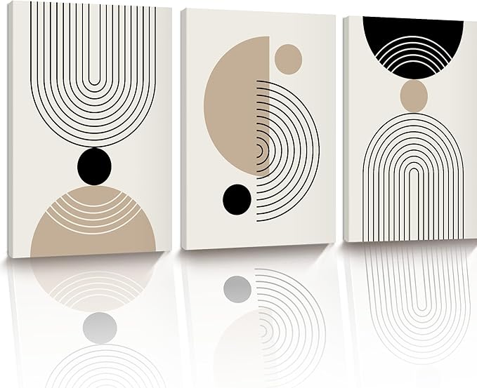 HesenDot Abstract Geometric Wall Art Set of 3, 40x60CM Minimalist Line Framed Canvas Prints, Boho Modern Beige Black Shapes Wall Decor for Living Room Bedroom Bathroom Office Home