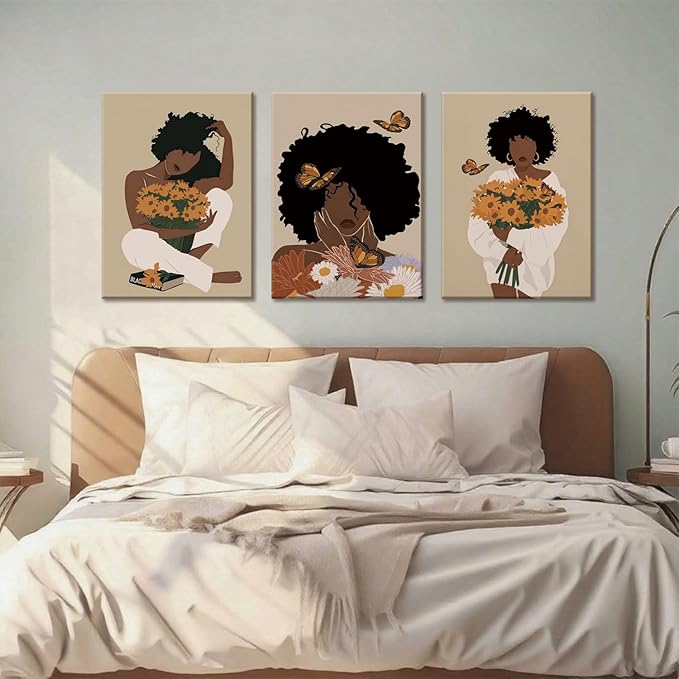 TUEASKY 3 Piece Canvas Wall Art African American Wall Decor Black Woman Pictures Sunflower Butterfly Paintings Abstract Prints Boho Artwork for Bedroom Bathroom